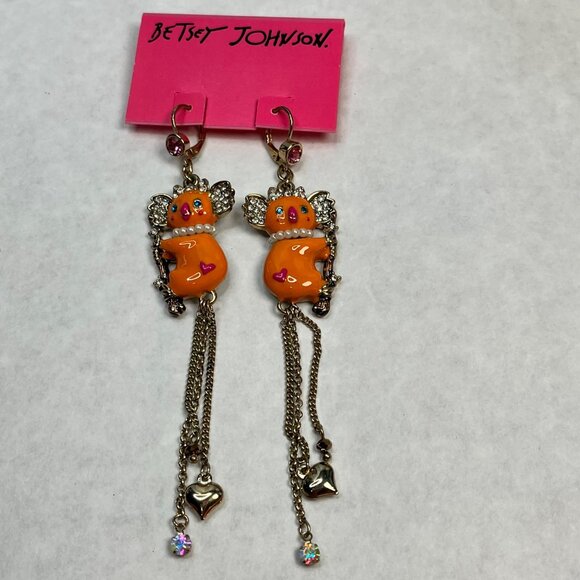 Betsey Johnson Orange Koala Drop Earrings With Rhinestones Gold Chains nwt $40 - Picture 2 of 4